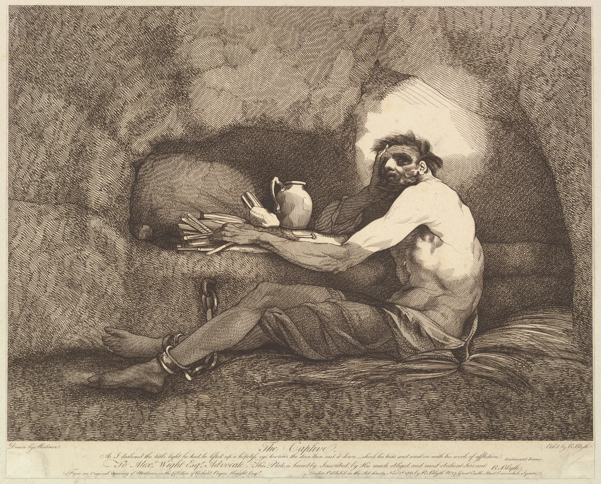 The Captive, from "Sterne's Sentimental Journey" by Robert Blyth, print, 1781