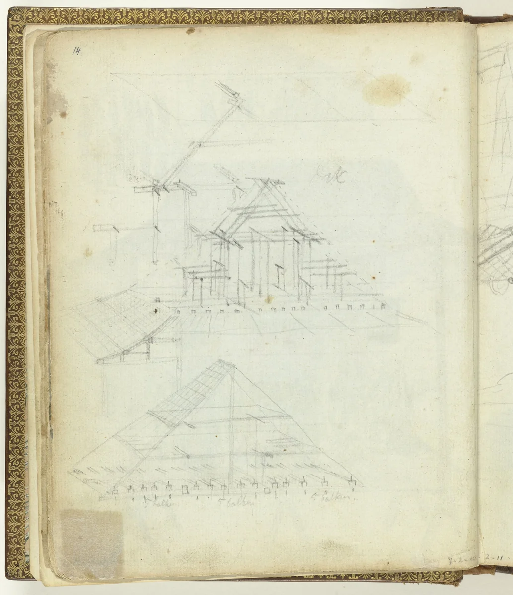Schets van een dakconstructie by Jan Brandes, drawing, 1770-1808