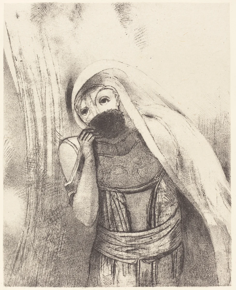 Elle tire de sa poitrine une eponge toute noire, la couvre de baisers (She draws from her bosom a sponge, perfectly black, and covers it with kisses) by Odilon Redon, print, 1896