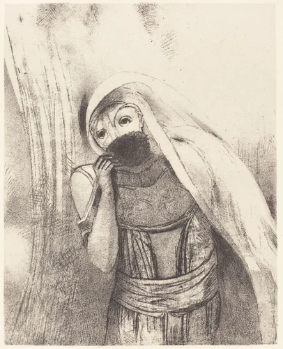 Elle tire de sa poitrine une eponge toute noire, la couvre de baisers (She draws from her bosom a sponge, perfectly black, and covers it with kisses) by Odilon Redon, print, 1896