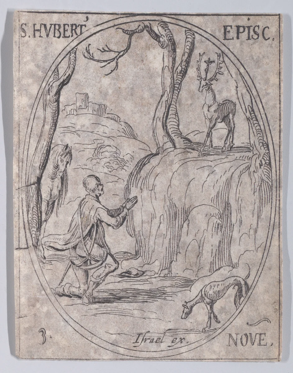 S. Hubert, évêque (St. Hubert, Bishop), from November 3rd, from "Les Images De Tous Les Saincts et Saintes de L'Année" (Images of All of the Saints and Religious Events of the Year) by Jacques Callot, print, 1636