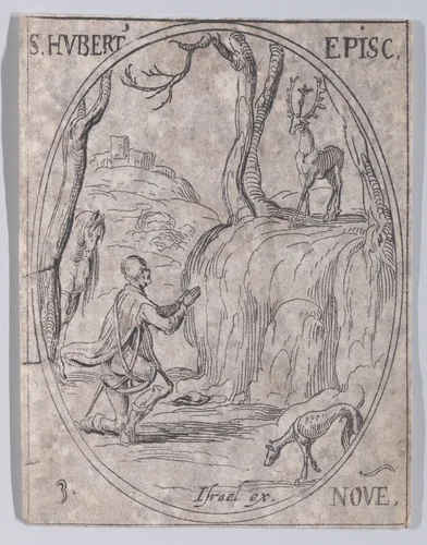 S. Hubert, évêque (St. Hubert, Bishop), from November 3rd, from "Les Images De Tous Les Saincts et Saintes de L'Année" (Images of All of the Saints and Religious Events of the Year) by Jacques Callot, print, 1636