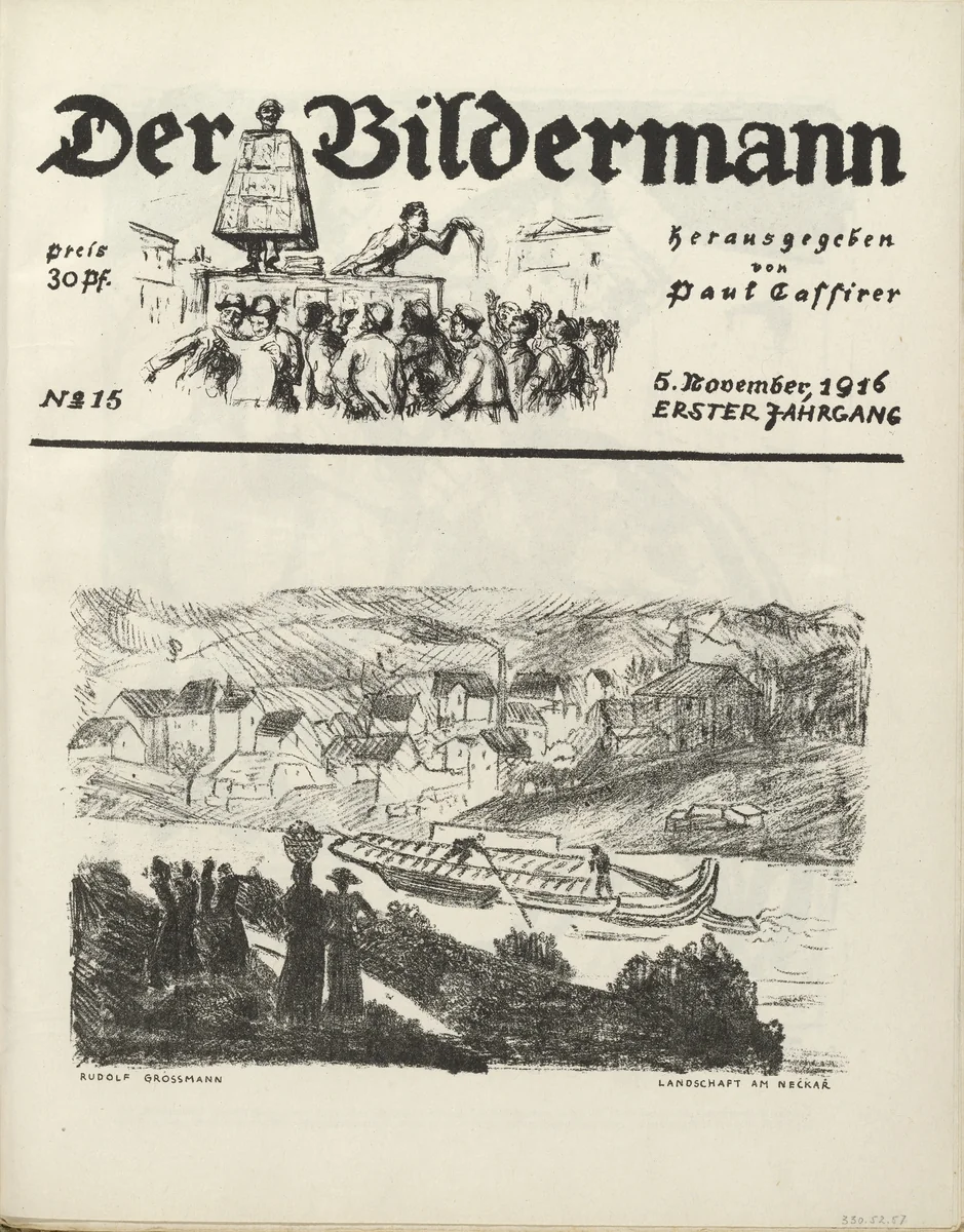 Landscape by the Neckar River (Landschaft am Neckar) (front cover, folio 30) from the periodical Der Bildermann, vol. 1, no. 15 (Nov 1916) by Rudolf Grossmann, periodical, 1916