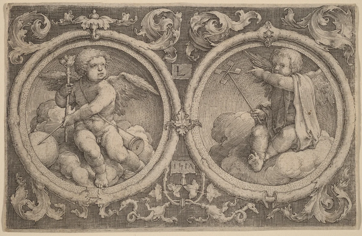Two Cupids Seated on Clouds in Two Circles by Lucas van Leyden, print, 1517
