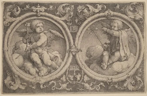 Two Cupids Seated on Clouds in Two Circles by Lucas van Leyden, print, 1517