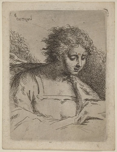 Half-Length Figure Reading by Bartholomäus Ignaz Weiss; Giovanni Benedetto Castiglione, print, 1740-1814