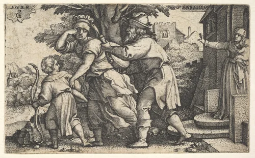 Abraham sending away Hagar and Ishmael: Abraham holds forth a vessel as Hagar and Ishmael stride before him, from "The Story of Abraham" by Georg Pencz, print, 1543