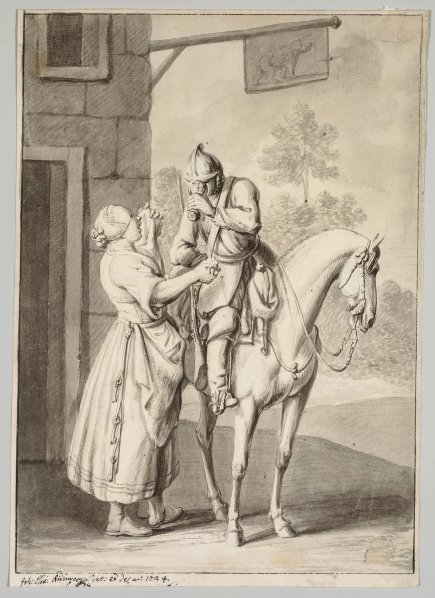 A Soldier in Armor in Front of a Tavern by Johann Elias Ridinger, drawing, 1724