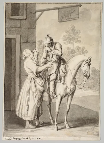 A Soldier in Armor in Front of a Tavern by Johann Elias Ridinger, drawing, 1724