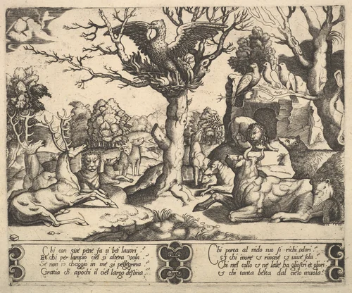 A phoenix sat atop a tree, wings open, an assortment of animals below by Master of the Die, print, 1530-1560