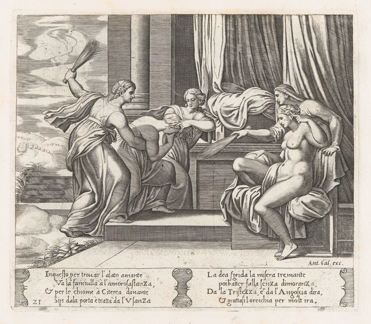 Plate 21: Female personifications of Sorrow and Pain at right punishing Psyche at the behest of Venus, who sits at right, from "The Story of Cupid and Psyche as told by Apuleius" by Master of the Die, print, 1530-1560