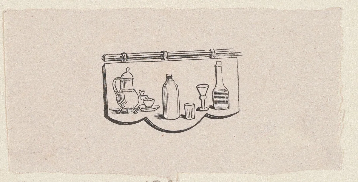 Vignet met een uithangbord met daarop een kan, een kop, flessen en glazen by Isaac Weissenbruch, print, 1836-1912