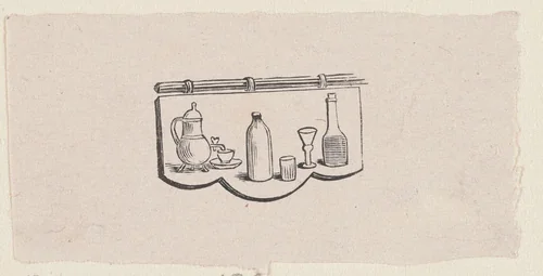 Vignet met een uithangbord met daarop een kan, een kop, flessen en glazen by Isaac Weissenbruch, print, 1836-1912