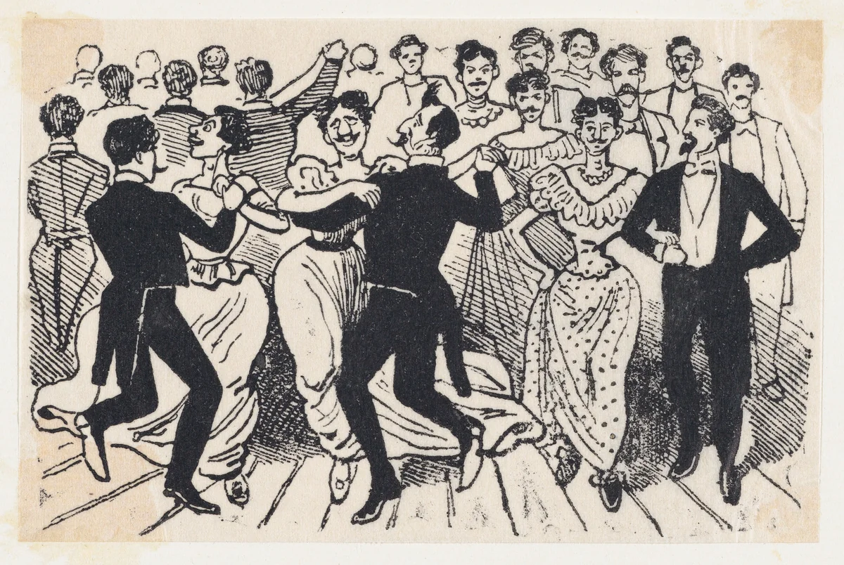 A dance with men in dresses paired with men in suits from a broadside entitled 'Los 41 maricones encontrados en un baile de la Calle de la Paz el 20 de Noviembre de 1901' by José Guadalupe Posada, print, 1901