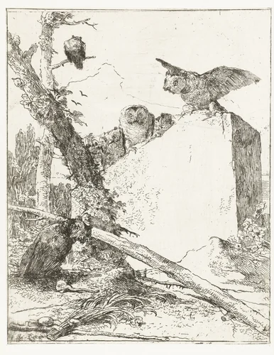 Titelprent voor Scherzi di fantasia met uilen bij een steen by Giovanni Battista Tiepolo, print, 1750-1762