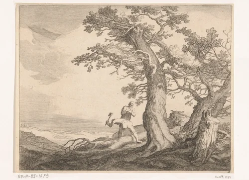Landschap met bomen en houthakkers by Frederick Bloemaert, print, 1647