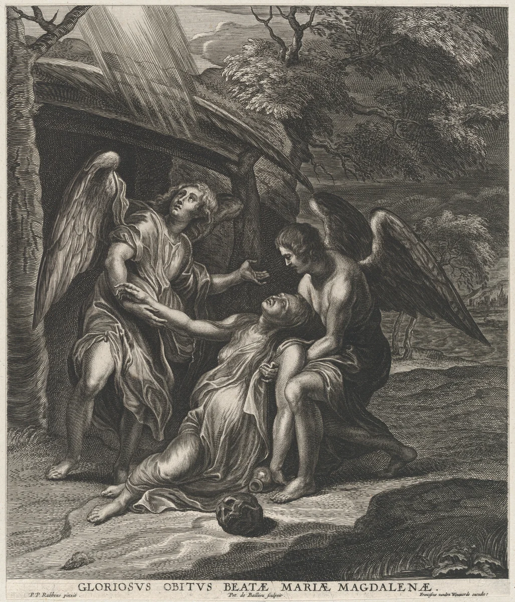 Saint Mary Magdalene in ecstasy, supported by two angels by Pieter de Bailliu, print, 1625-1660