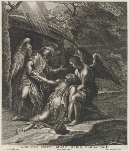 Saint Mary Magdalene in ecstasy, supported by two angels by Pieter de Bailliu, print, 1625-1660