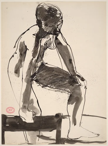Untitled [female nude holding chair as support and stepping up] by Richard Diebenkorn, drawing, 1955-1967