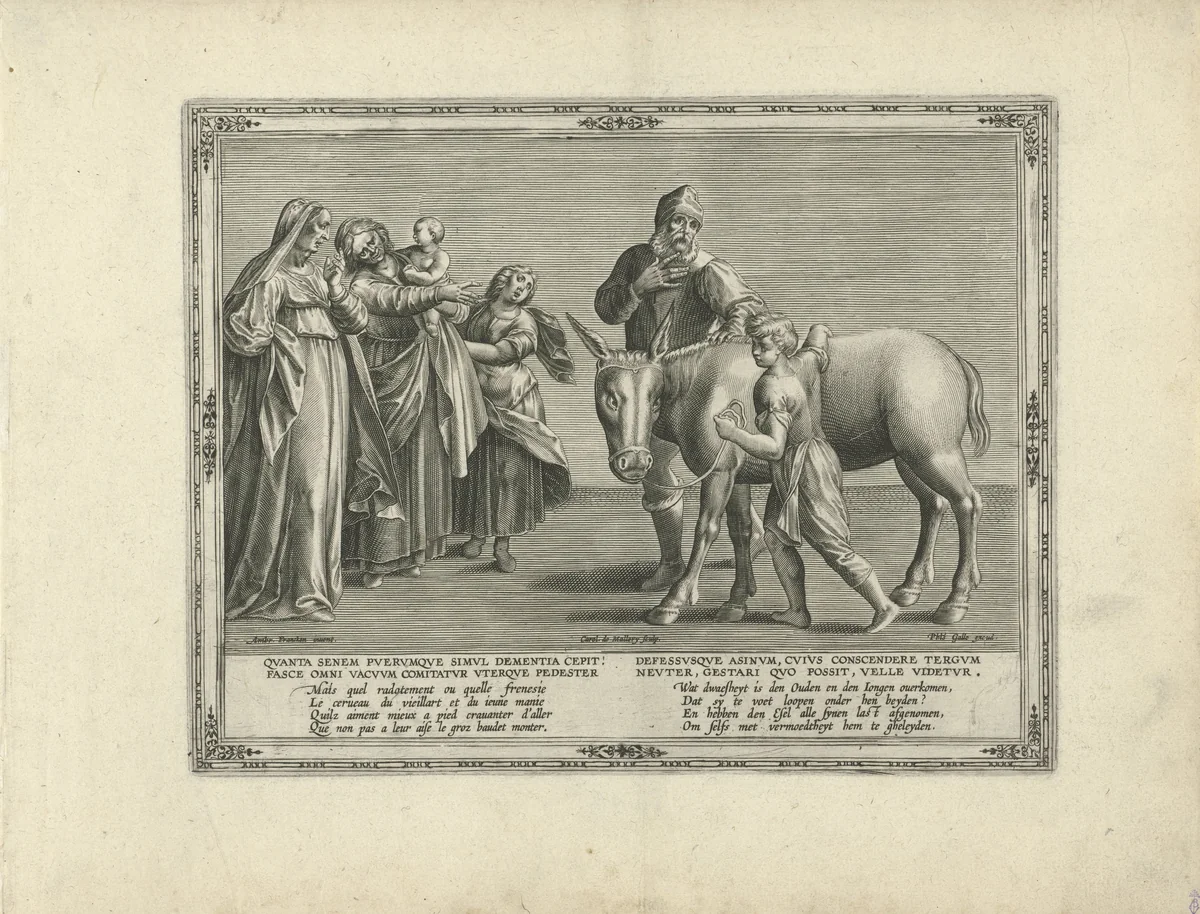 Vader en zoon te voet, naast de ezel by Unknown, print, 1570-1612