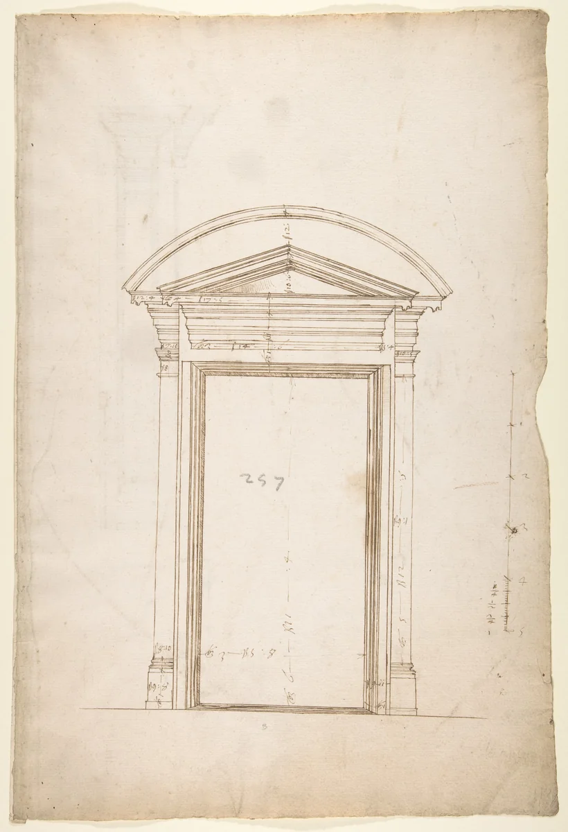 San Lorenzo, Library, Ricetto, entry portal from library, elevation (recto) San Lorenzo, Library, Ricetto, entry portal from library, plan and section (verso) by anonymous, drawing, 1500-1560