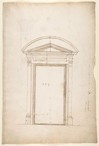 San Lorenzo, Library, Ricetto, entry portal from library, elevation (recto) San Lorenzo, Library, Ricetto, entry portal from library, plan and section (verso) by anonymous, drawing, 1500-1560