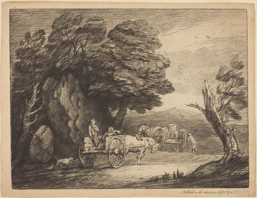 Wooded Landscape with Two Country Carts and Figures by Thomas Gainsborough, print, 1779-1780