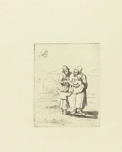 Studieblad met gezin met twee kinderen by Marie Lambertine Coclers, print, 1776-1815