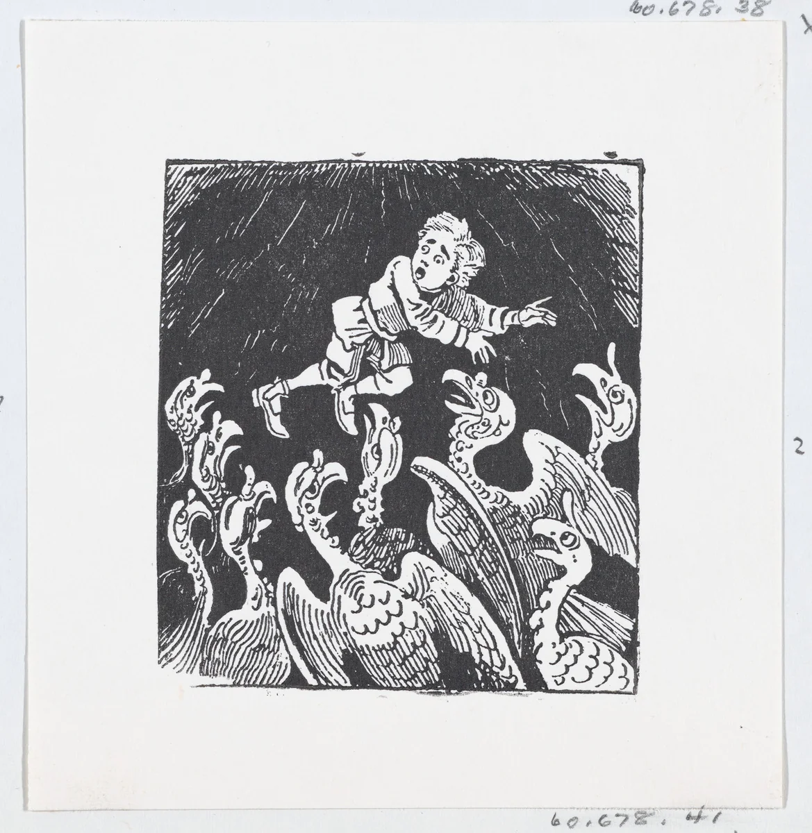 A small boy being fed to vultures, an illustration to 'The King and His Three Sons' by José Guadalupe Posada, print, 1875-1885