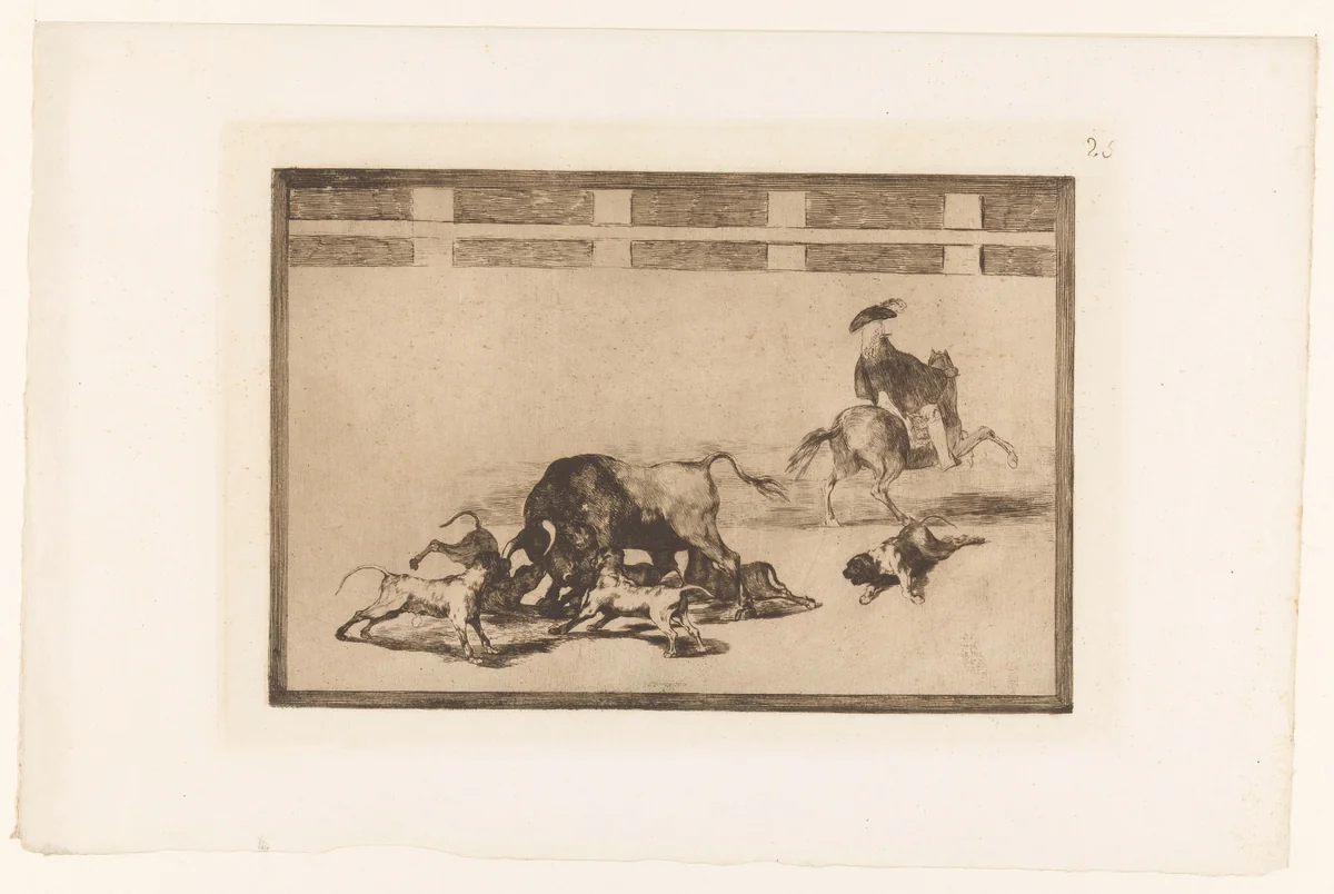 Stier aangevallen door honden by Francisco de Goya, print, 1876