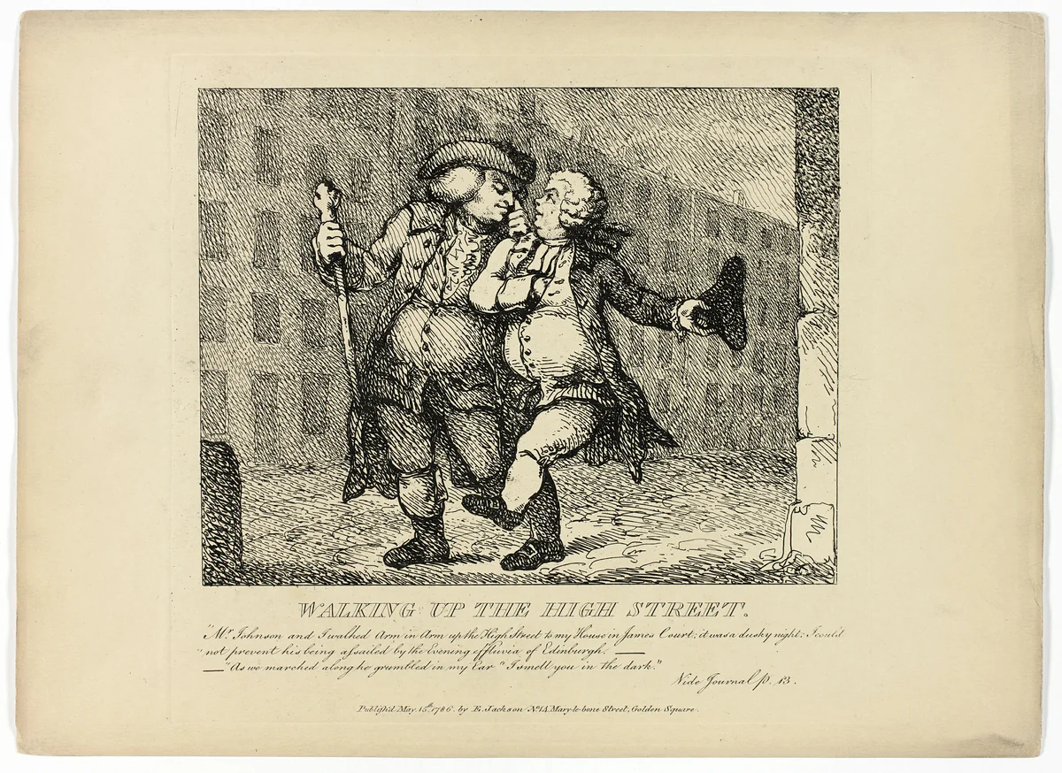 Walking up the High Street, from Boswell's Tour of the Hebrides by Thomas Rowlandson, print, 1786