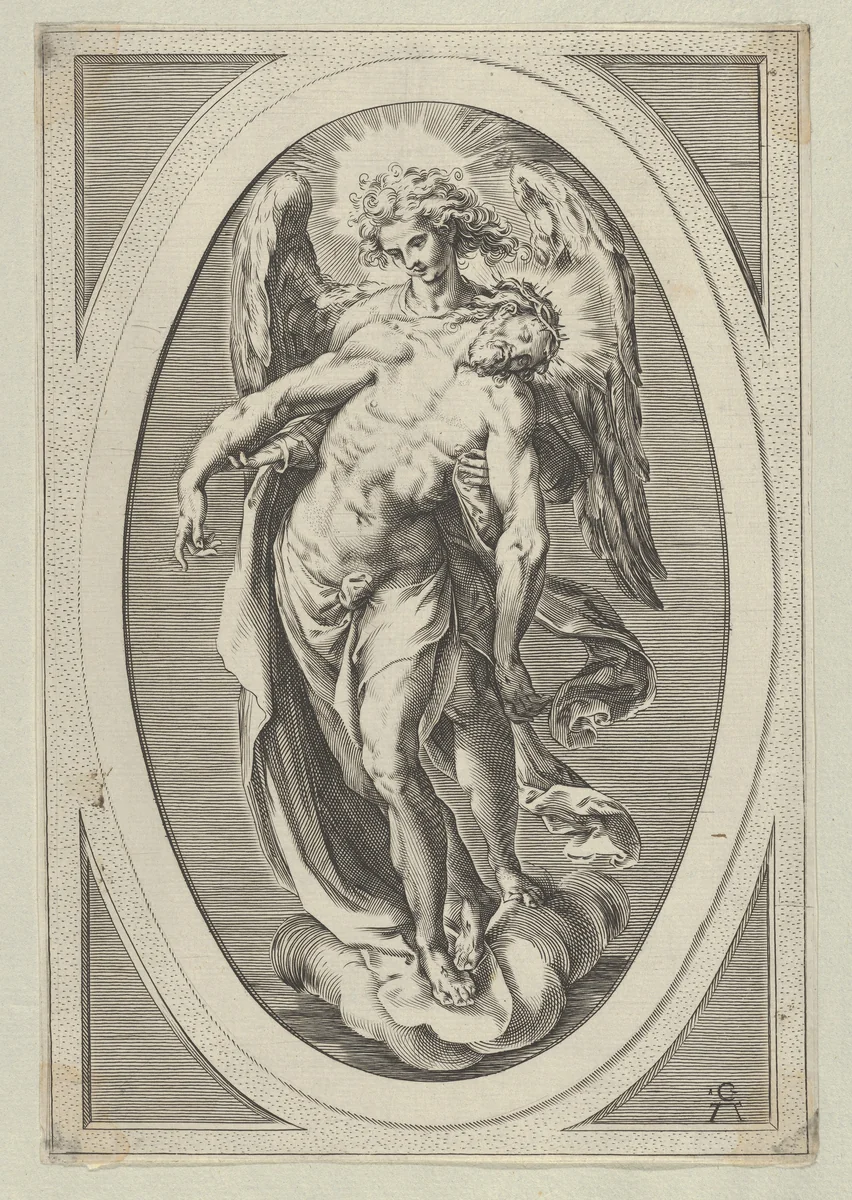 Christ supported by an angel standing on a cloud by Cherubino Alberti, print, 1600-1699