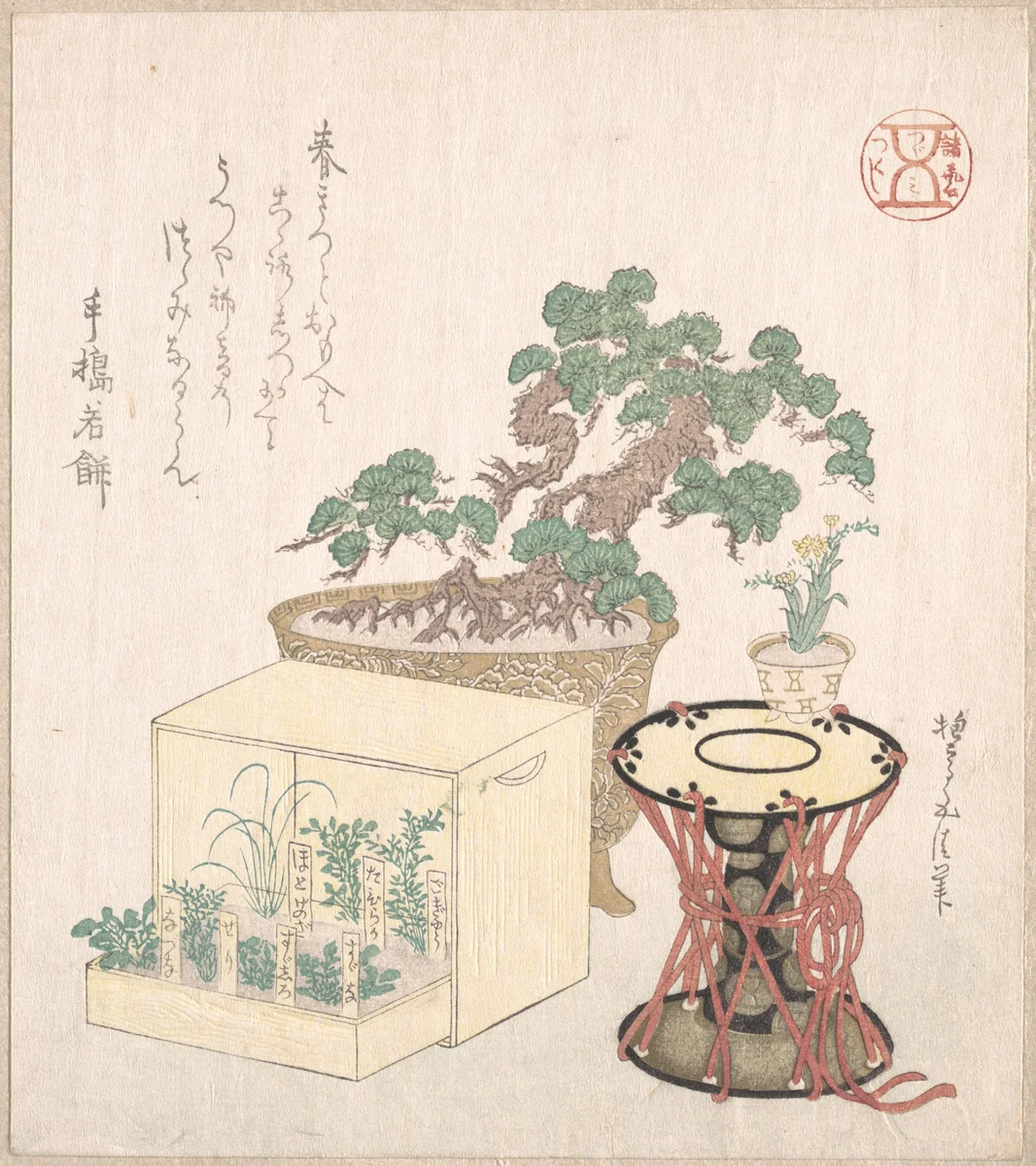 Potted Pine Tree Drum and Seven Herbs Planted in a Box by Sunayama Gosei, print, 1700-1899