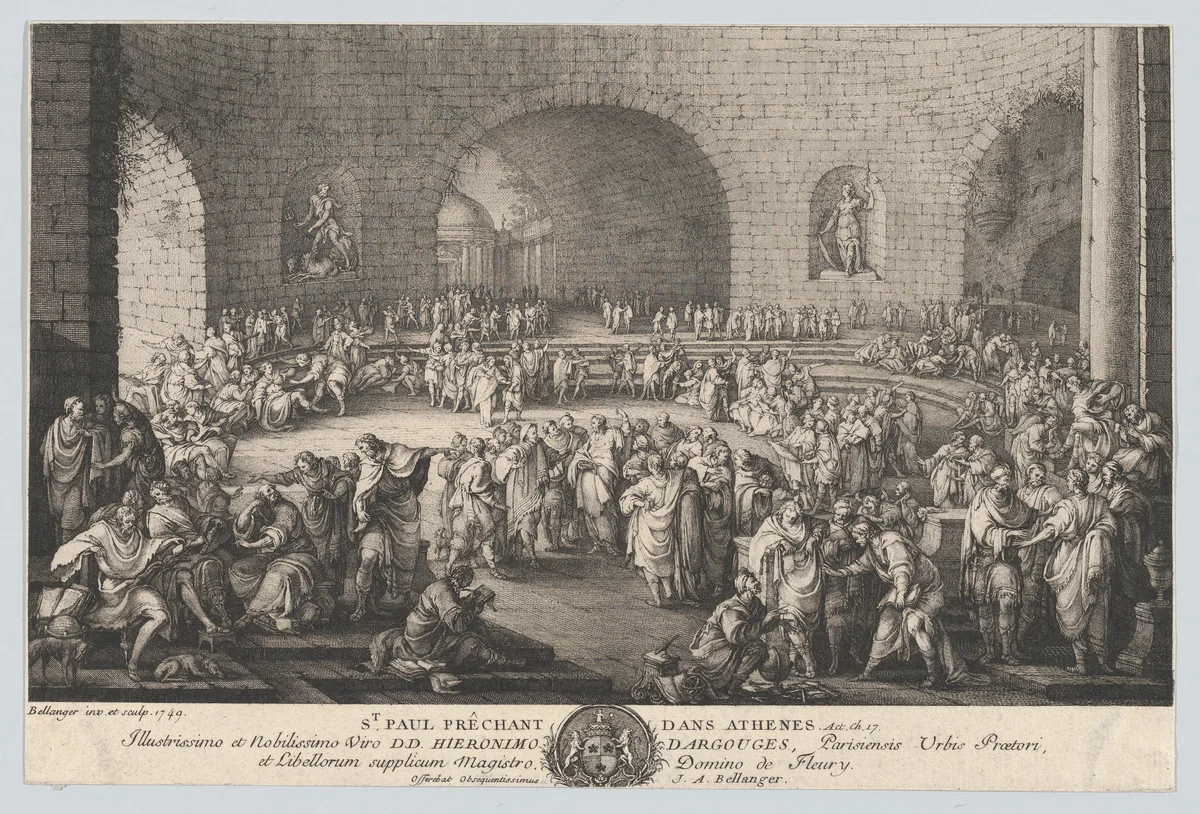 St. Paul Preaching in Athens by Jean Achille Bellanger, print, 1749