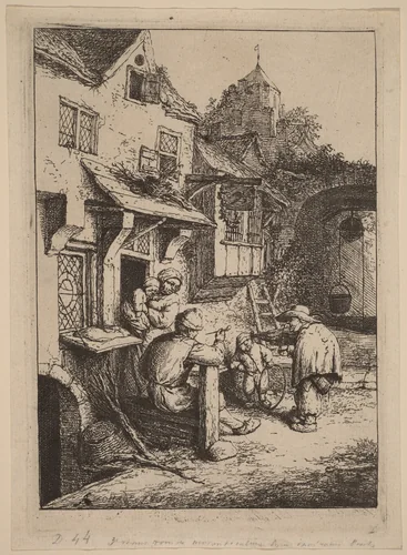 Peasant Family Entertained by a Fiddler with a Hunchback by Adriaen van Ostade, print, 1647-1657