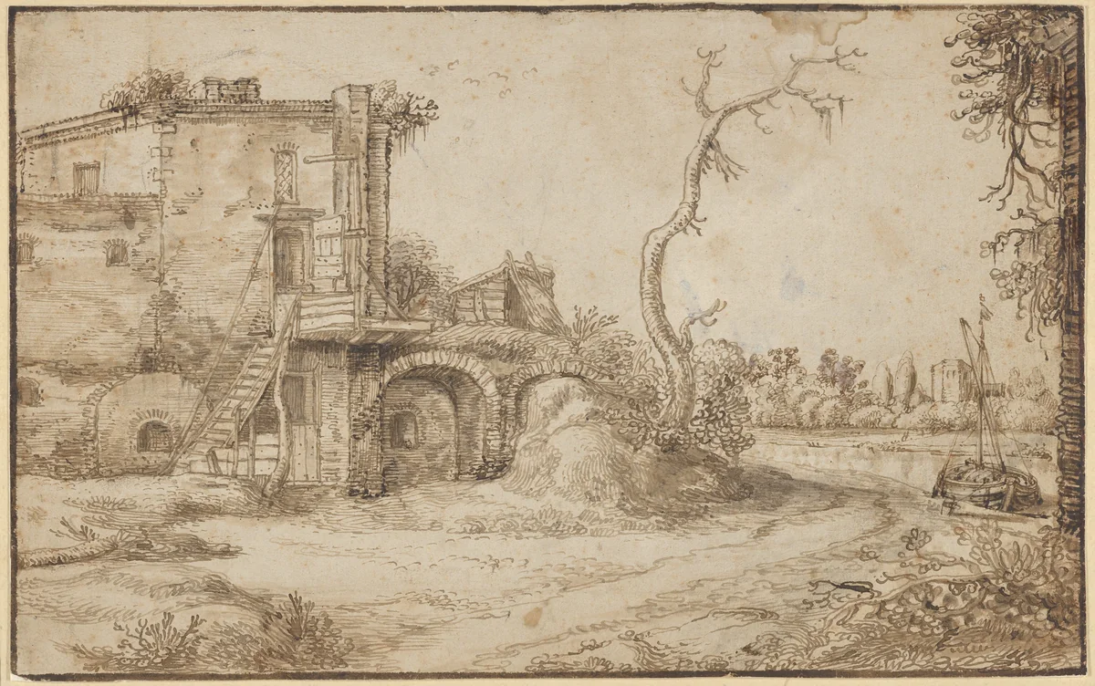 An Inhabited Ruin on the Bank of a River by Jan van de Velde, drawing, 1630-1640