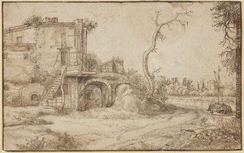 An Inhabited Ruin on the Bank of a River by Jan van de Velde, drawing, 1630-1640