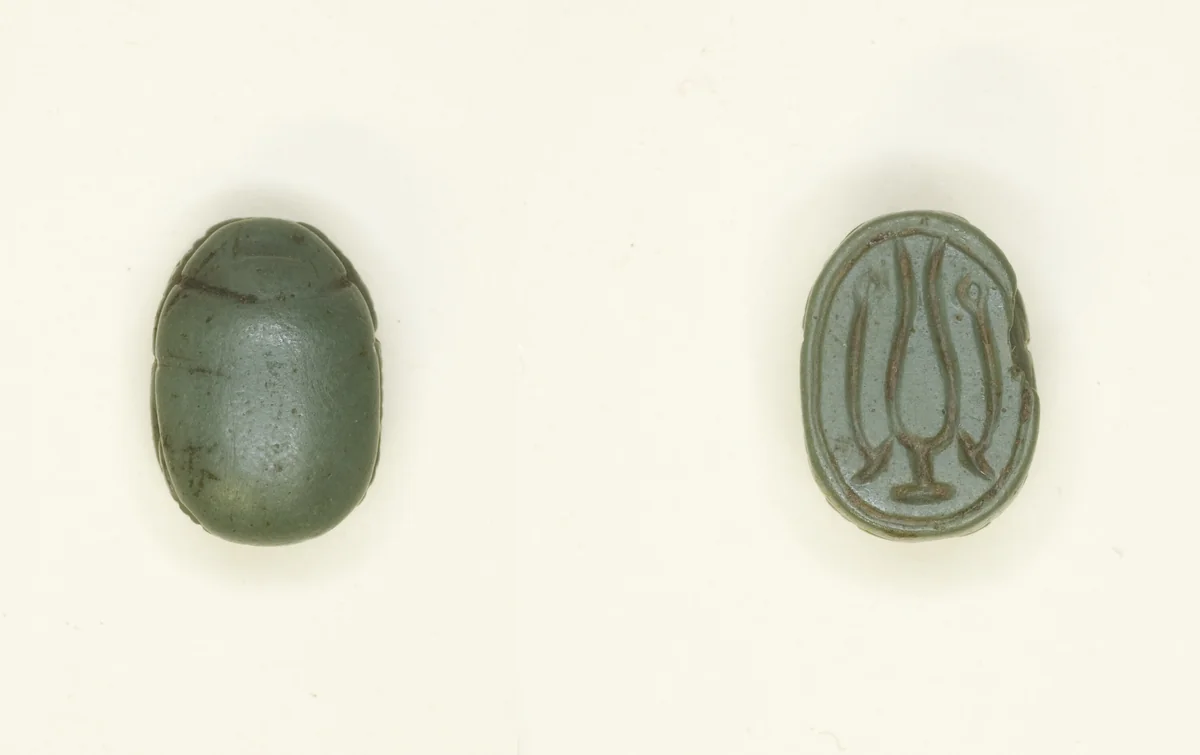 Scarab: Hieroglyphs (Hs-vessel and wAs-Scepters) by Egyptian, other, -1550--1295