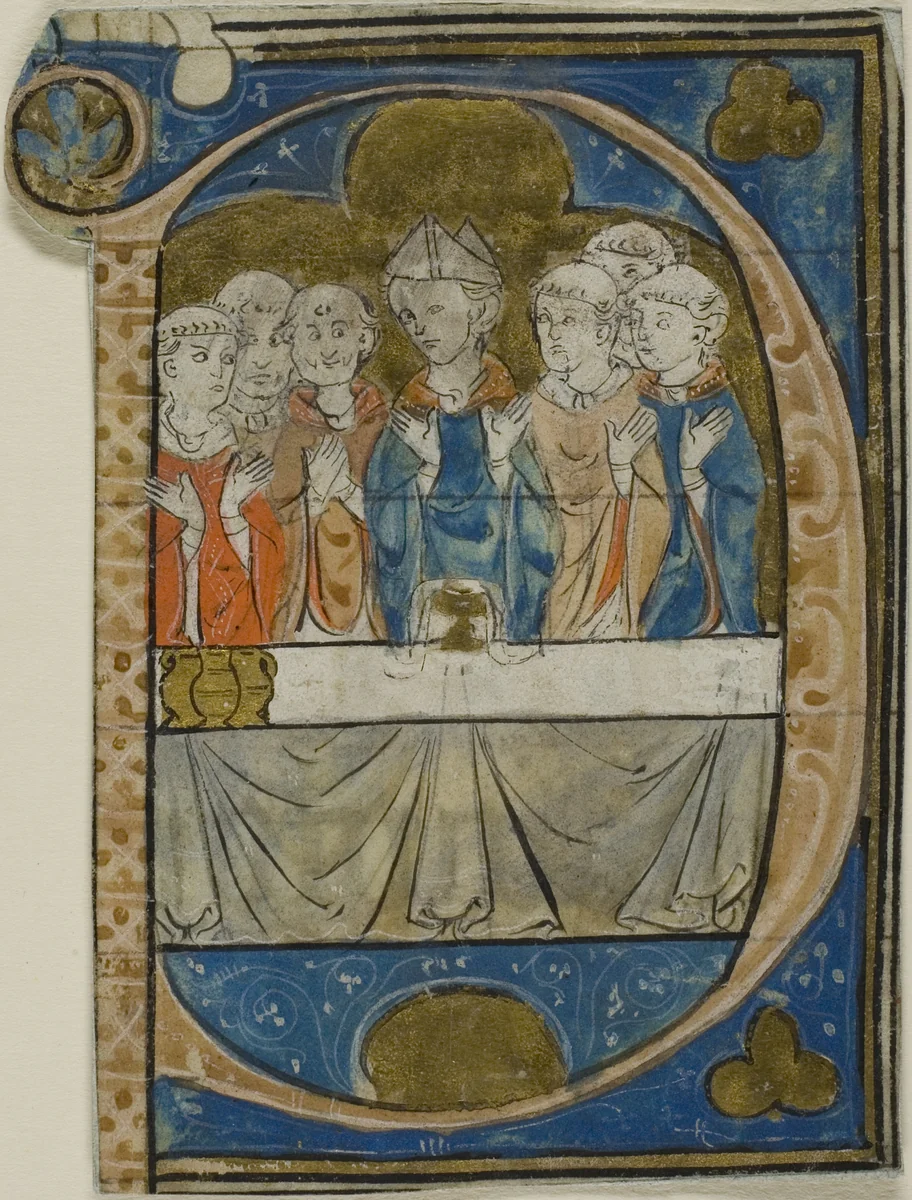 Bishop at Mass in a Historiated Initial "P" from a Choirbook by Master Honoré, painting, 1290-1310