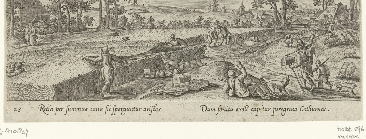 Jacht op vogels met behulp van een net by Unknown, print, 1582-1633