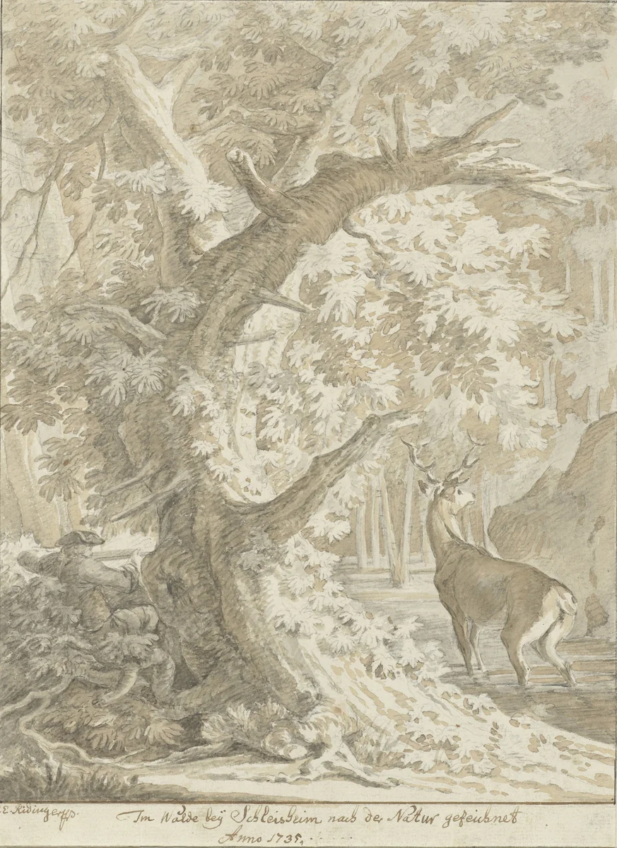 Jager legt aan op een edelhert in het water onder een oude boom by Johann Elias Ridinger, drawing, 1735