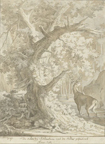 Jager legt aan op een edelhert in het water onder een oude boom by Johann Elias Ridinger, drawing, 1735