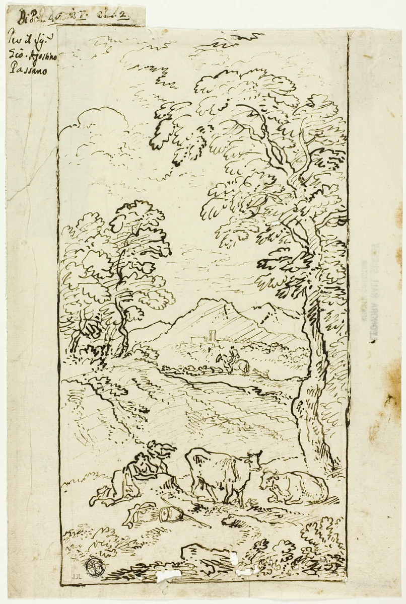 Hilly Landscape with Cows and Shepherds in Foreground by Carlo Antonio Tavella, drawing, 1688-1736