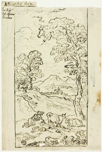 Hilly Landscape with Cows and Shepherds in Foreground by Carlo Antonio Tavella, drawing, 1688-1736