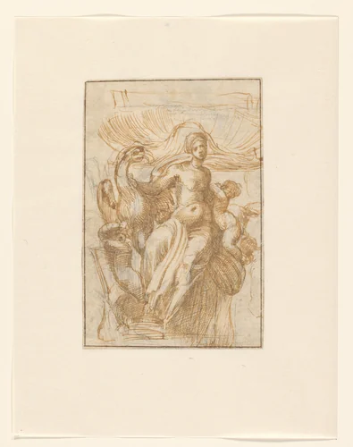 Leda of Venus (?) met vogel en putti voor een schelp by Alonso Berruguete, drawing, 1500-1561