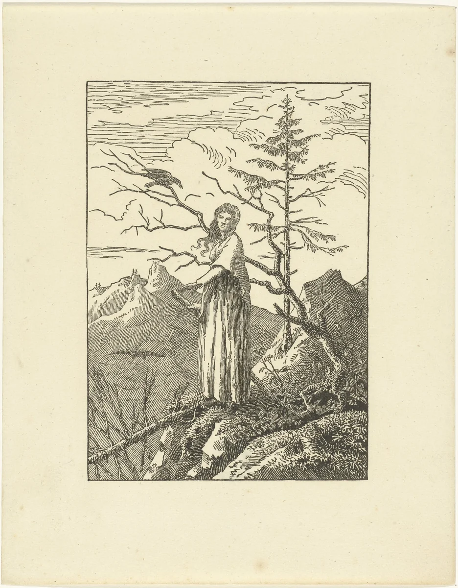 Vrouw staand aan de rand van de afgrond en raaf by Caspar David Friedrich, print, 1801-1803