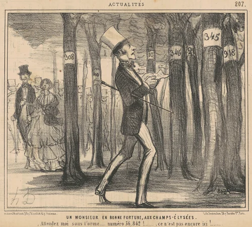 Un monsieur en bonne fortune aux Champs-Elysées by Honoré Daumier, print, 1855