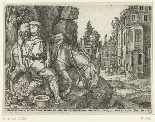 Barmhartige Samaritaan legt de gewonde man op zijn ezel by Unknown, print, 1554