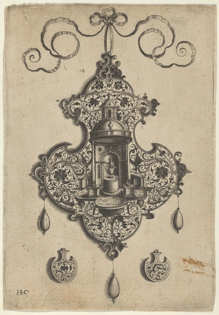 Pendant Design with a Circular Temple and Burning Pot Above Axe-Shaped Ornaments by Jan Collaert, print, 1530-1573