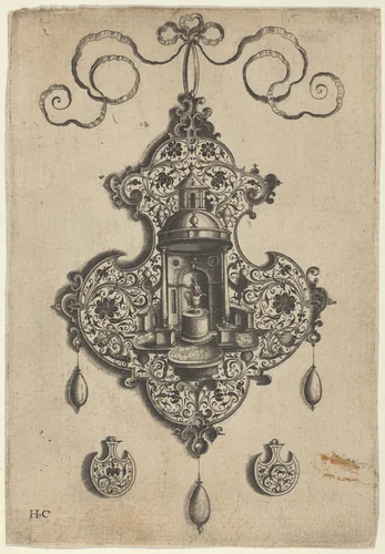 Pendant Design with a Circular Temple and Burning Pot Above Axe-Shaped Ornaments by Jan Collaert, print, 1530-1573